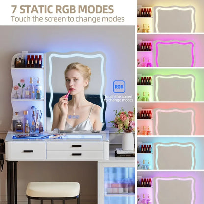 60.9" W Large Vanity/Desk with Mirror and RGB Lights, Glass Top, Charging Station