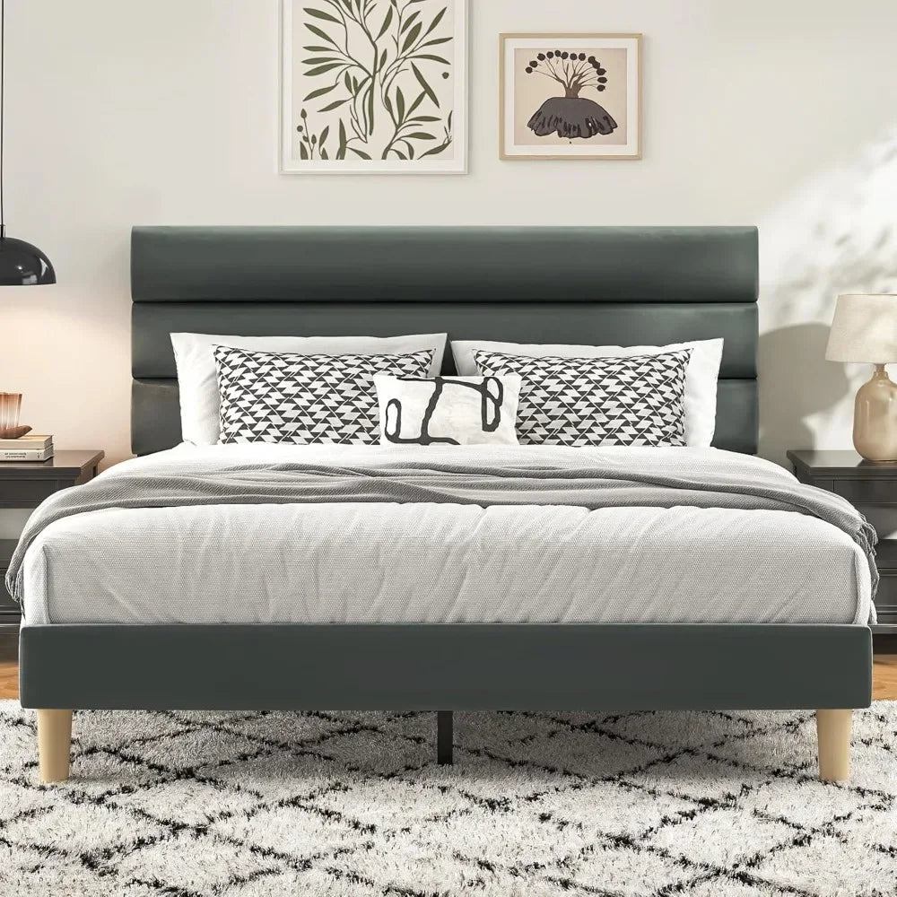 Platform Bed Frame with Velvet Upholstered Headboard, No Box Spring Needed, Sturdy Metal Support, Noise Free