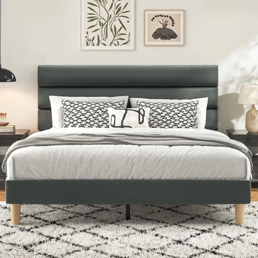 Platform Bed Frame with Velvet Upholstered Headboard, No Box Spring Needed, Sturdy Metal Support, Noise Free