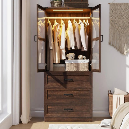 75" 2 Door Armoire Wardrobe Closet with 3 Drawers and LED