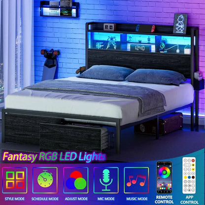Metal Platform Bed Frame with Storage Drawers and Shelf, LED Lights and Charging Station