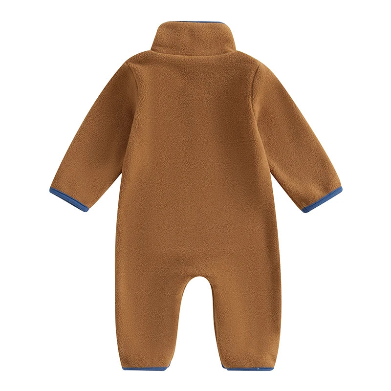 3-12M Autumn Winter Baby Boys Fleece Romper, Long Sleeve, Stand Collar, Pockets