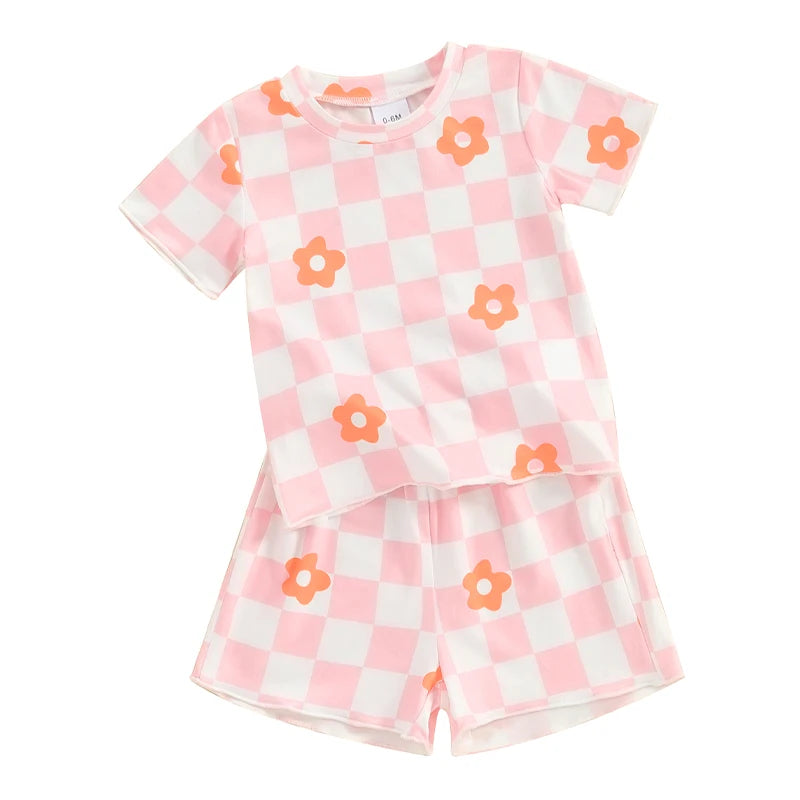 12 MO-4T Floral Checkerboard Print Short Sleeve O-neck T-shirts+Elastic Waist Shorts Tracksuit