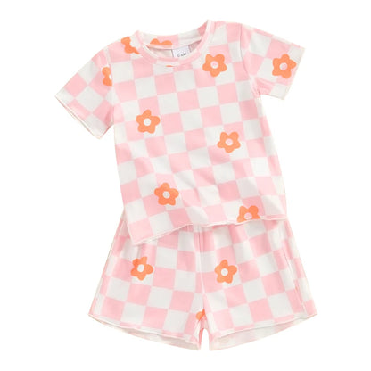 12 MO-4T Floral Checkerboard Print Short Sleeve O-neck T-shirts+Elastic Waist Shorts Tracksuit