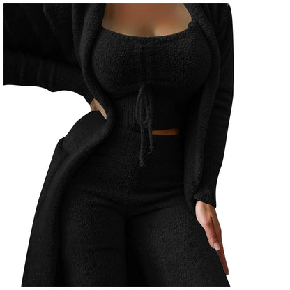 Women'S Fleece 3 Pc Loungewear, Spaghetti Strap Crop Tank, Wide Long Pants, Fuzzy Kimono ,