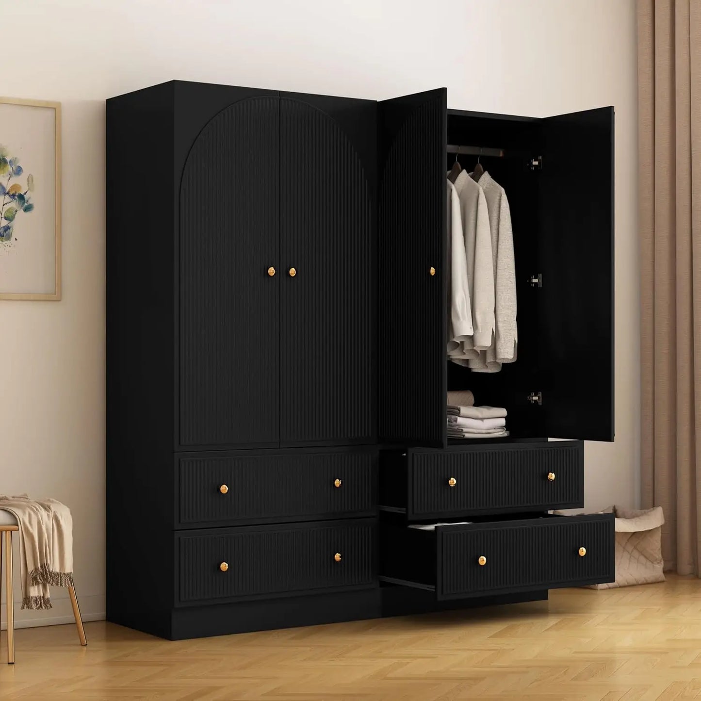 Freestanding Armoire Closet with 2 Doors and 2 Storage Drawers