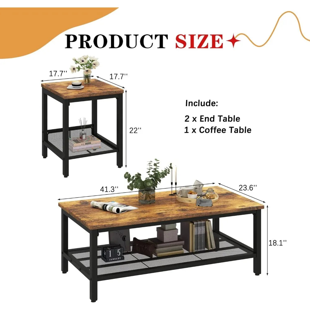 Industrial Coffee Table with 2 Square End Side Tables (3 colors)