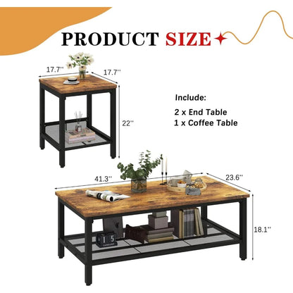 Industrial Coffee Table with 2 Square End Side Tables (3 colors)