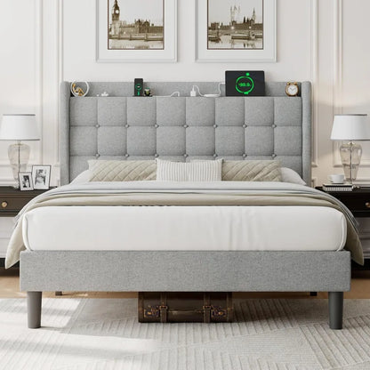Queen Upholstered Bed Frame w/Charging & Storage, No Box Spring Needed