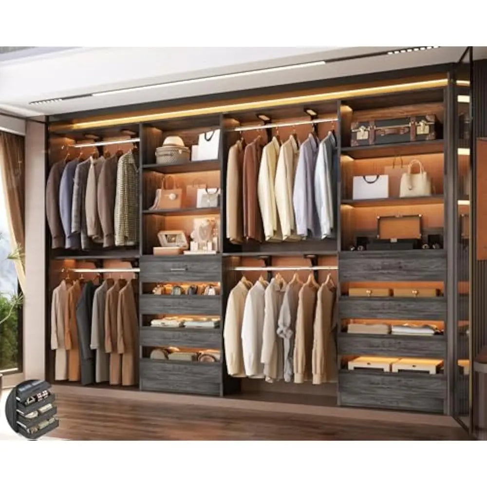 Closet System with 8 Wooden Drawers,  Tower, Clothes Rack w/4 Hanging Rods