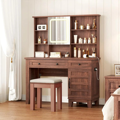 Makeup Table Set with Drawers, Upholstered Stool