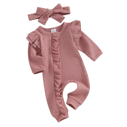 0-12M Baby Girl Ruffle Zipper Romper, Long Sleeve Jumpsuit
