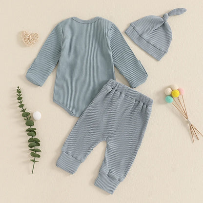 Baby Boys/Girls 3PCS Outfit, Long Sleeve Crew Neck, Letter Embroidery Romper, Solid Color Pants & Hat