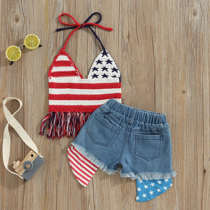 2Pc 2T-6T Toddler Girl  Independence Day Summer Set, Knit Vest Top Denim Shorts