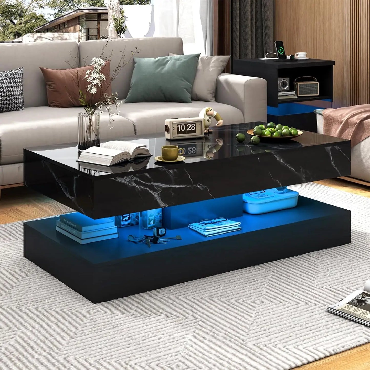 Modern Stylish Coffee Table with 2 Storage Drawers and LED lights