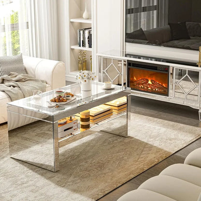 2 Tier Mirrored Coffee Table with Mirror Crystal Board