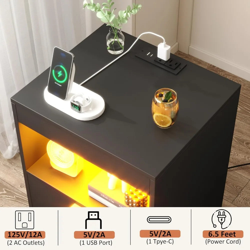 LED  Side stand with Charging Station, with 2 Pull-out drawers and Pull-out Shelf