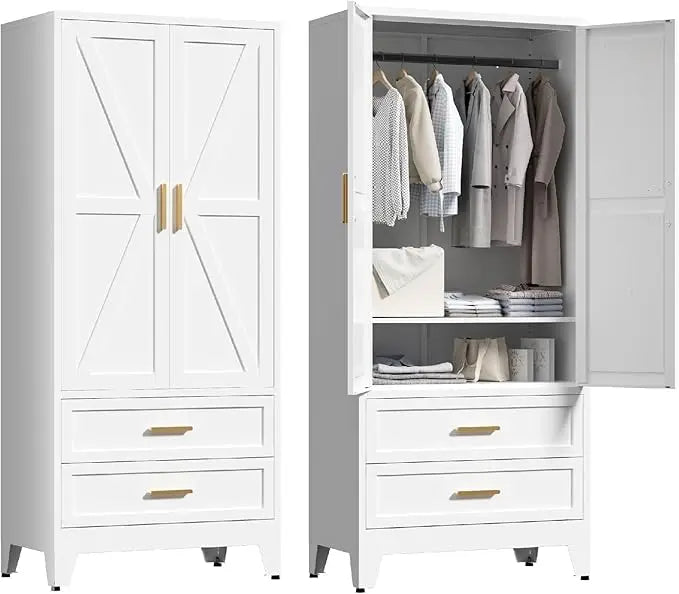 71'' Metal Wardrobe Cabinet with Hanging Rod, 2 Barn Door with Adjustable Shelves, 2 Drawer