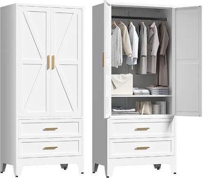 71'' Metal Wardrobe Cabinet with Hanging Rod, 2 Barn Door with Adjustable Shelves, 2 Drawer