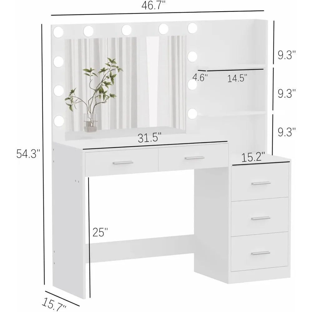 46.7" Large Vanity Desk with Lighted Mirror, Shelf & 5 Drawers