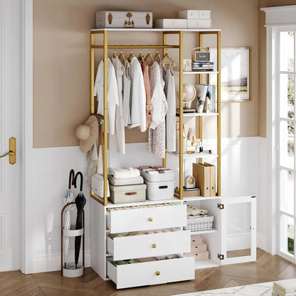 2 pcs Closet Organizer System, Wardrobe Closet with 3 Wooden Drawers, Clothes Rack with Hanging Rods and 4 Tiers Shelves