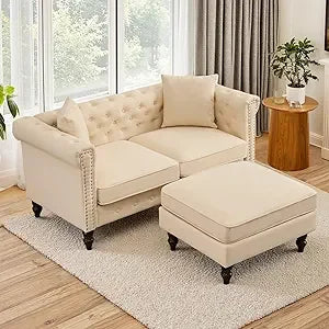 62" Tufted Linen Loveseat with Gourd Wooden Legs, Nailhead Trim and Flared Arms,
