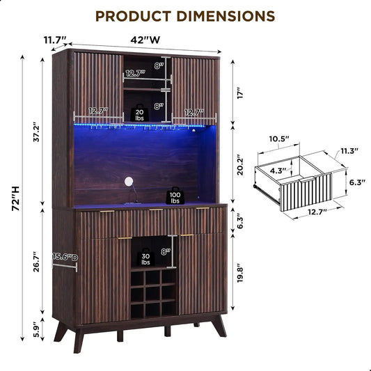 72" Modern Wine & Coffee Bar Cabinet w/ LED 10-Tier Shelf