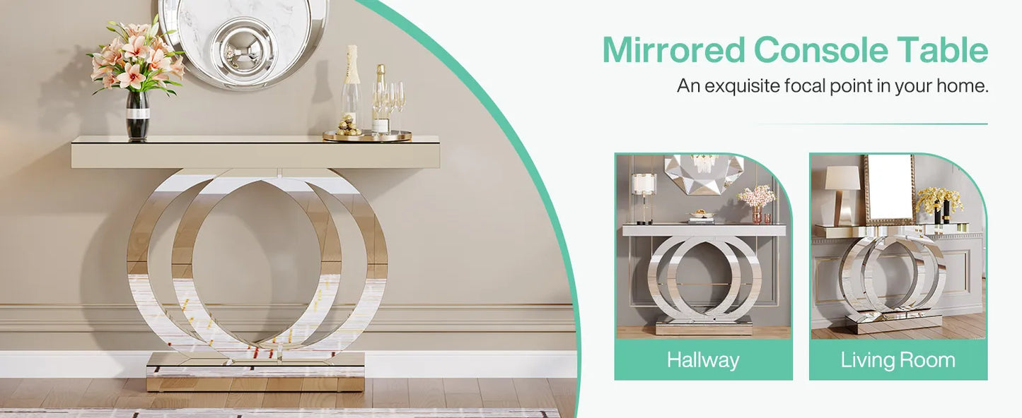 43.3-Inch Mirrored Console Entryway Table with Mirror Finish Tabletop