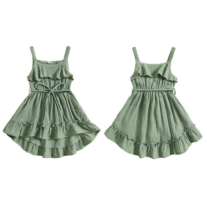 6 MO-4Y Girl Summer Dress, Casual Sleeveless, Square Neck, Belted Dress