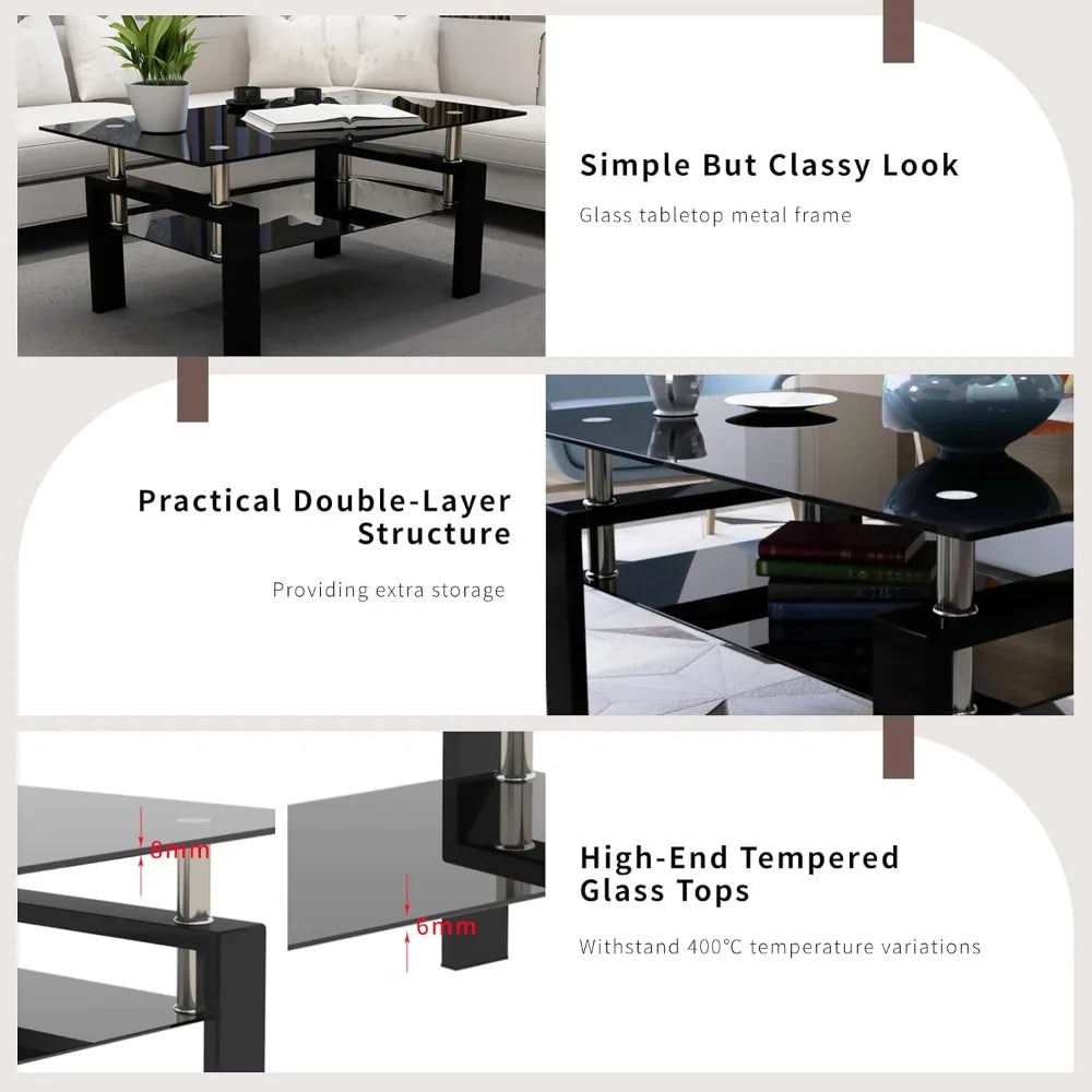 3 Piece Black Glass Table Set, Including 1 Coffee Table and 2 End Side Tables