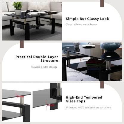 3 Piece Black Glass Table Set, Including 1 Coffee Table and 2 End Side Tables