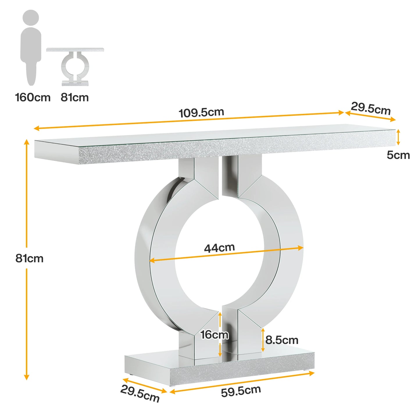 43.3-Inch Mirrored Console Entryway Table with Mirror Finish Tabletop