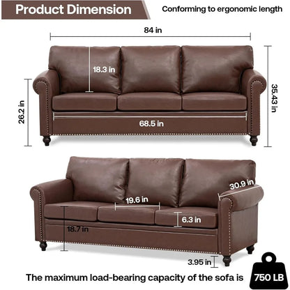 Brown Leather Couch/Sofa with Detachable Cushions 84" and Matching Chair (sold separately)