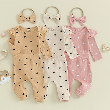 3-24MO Baby Girl Set Waffle Knit, Heart Long Sleeve Romper Pants Headband