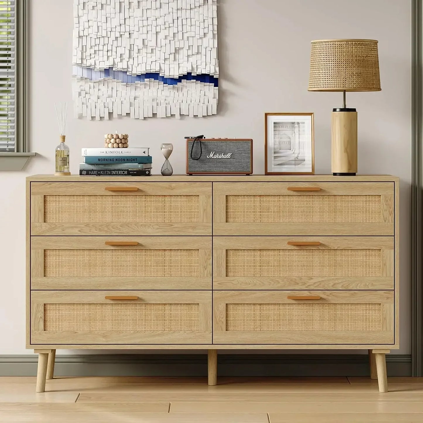 Rattan 6 Drawers Dresser with Wood Legs