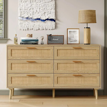 Rattan 6 Drawers Dresser with Wood Legs