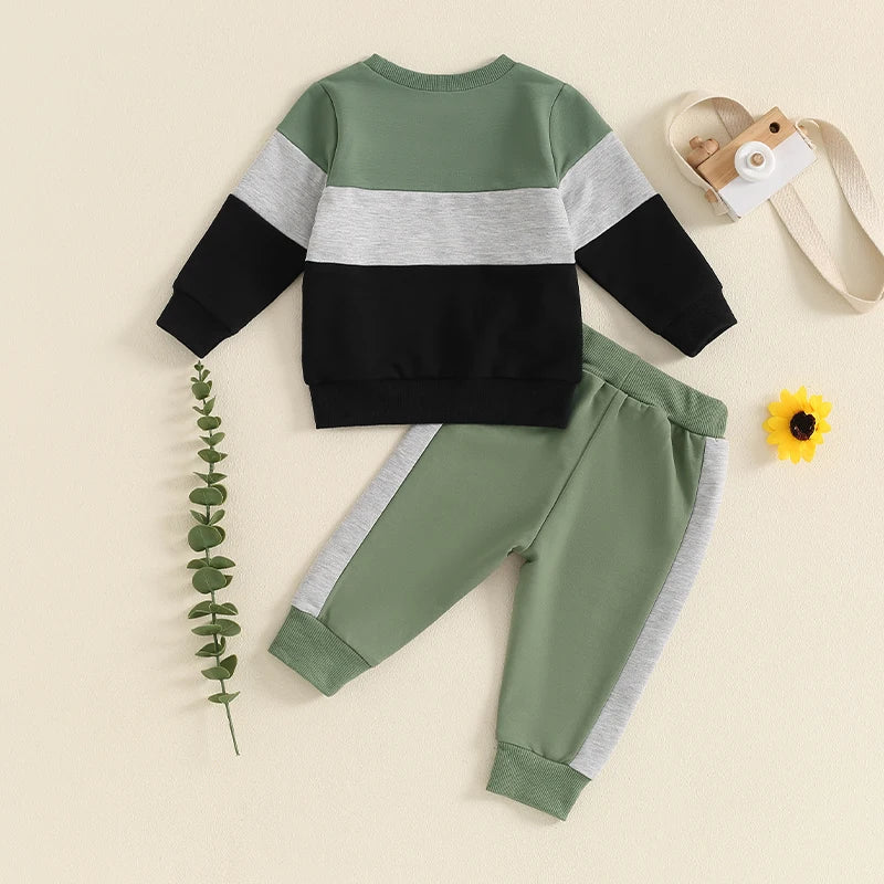 3-24 MO & 3T Boy Pants Set, Long Sleeve, Round Neck Sweatshirt. Drawstring Long Pants Contrast Color Outfits