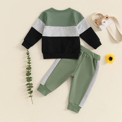 3-24 MO & 3T Boy Pants Set, Long Sleeve, Round Neck Sweatshirt. Drawstring Long Pants Contrast Color Outfits