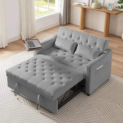 65'' 3-in-1 Queen Size Pullout Sofa, Modern Chenille Fabric, 360° Swivel Side Table