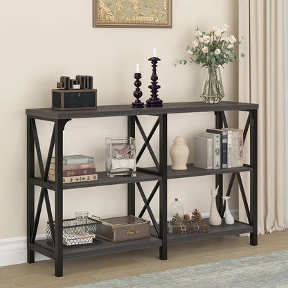 Modern Rustic 3 Tier Industrial Metal Wood Entry Table with Storage Shelves,