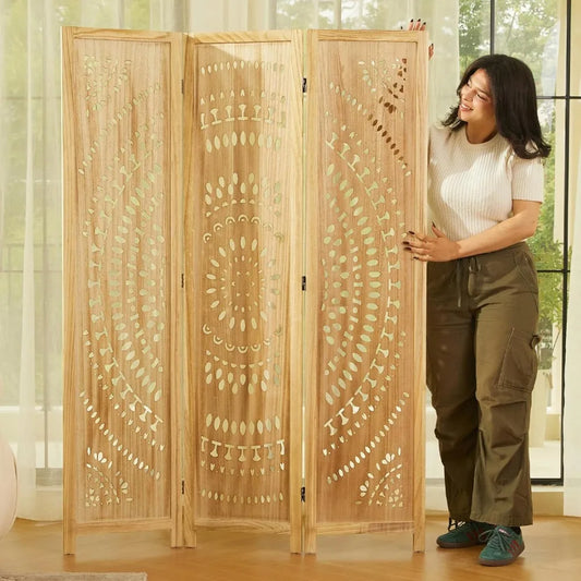 Wood Carved Wall Divider Folding Portable Partition Screen