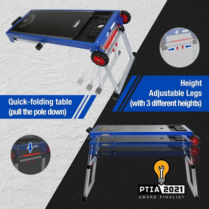 5-in-1 Portable Workbench, Quick Folding Work Table with Miter Saw Stand & Height Adjustable Legs,