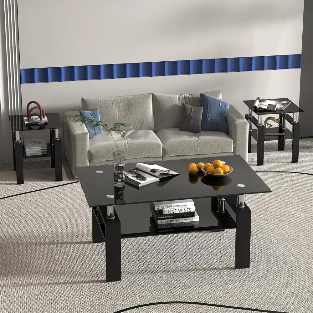 3 Piece Black Glass Table Set, Including 1 Coffee Table and 2 End Side Tables