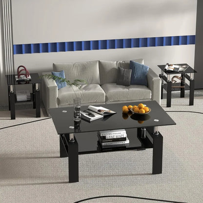 3 Piece Black Glass Table Set, Including 1 Coffee Table and 2 End Side Tables