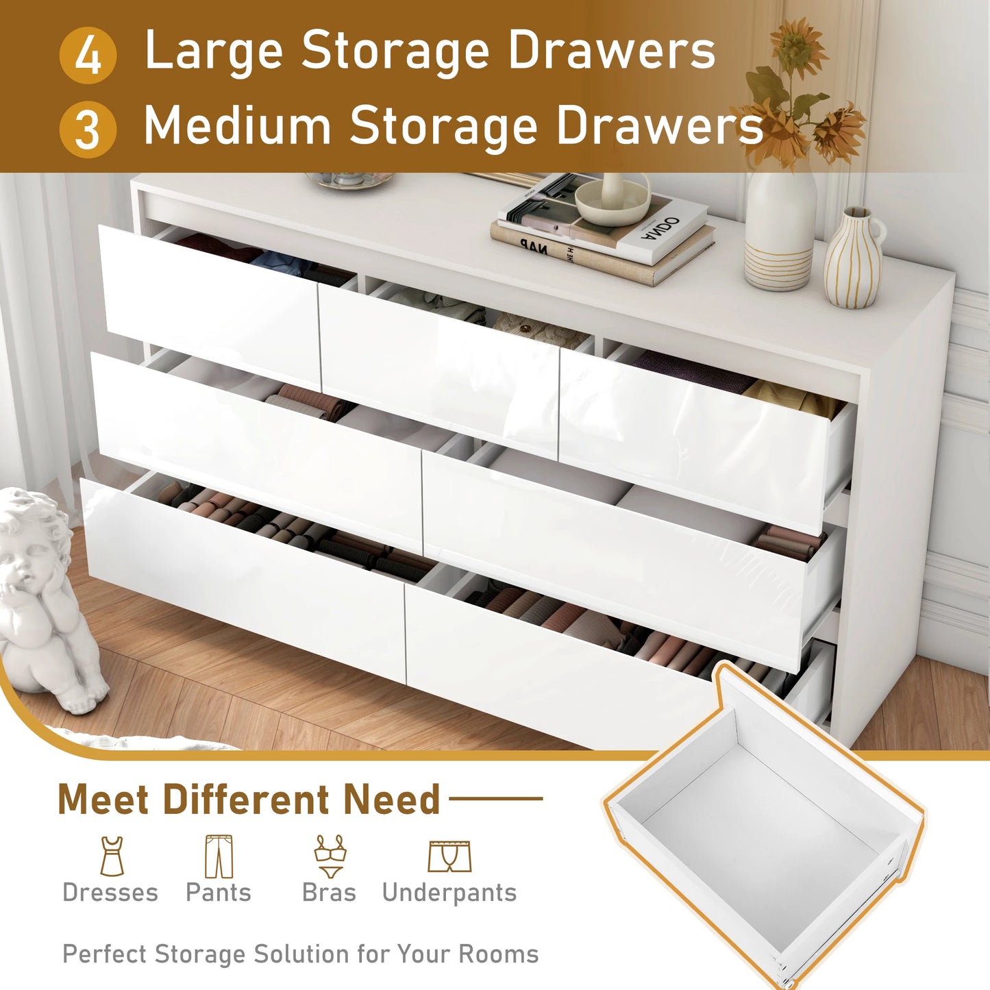 7 Drawer 55 Inch Modern Dresser with High Gloss Drawers