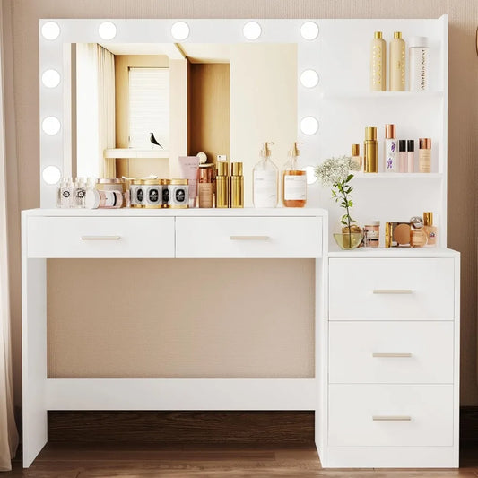 46.7" Large Vanity Desk with Lighted Mirror, Shelf & 5 Drawers