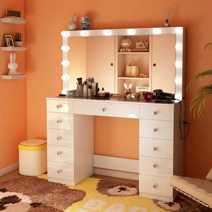 Vanity Desk with Power Outlet, Mirror and 14 LED Light, 3 Lighting Modes,11 Drawer Vanity Table , White
