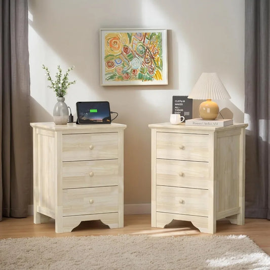 Set 2, 18.54" W Nightstand with Charging Station, 3 Drawer side stands,