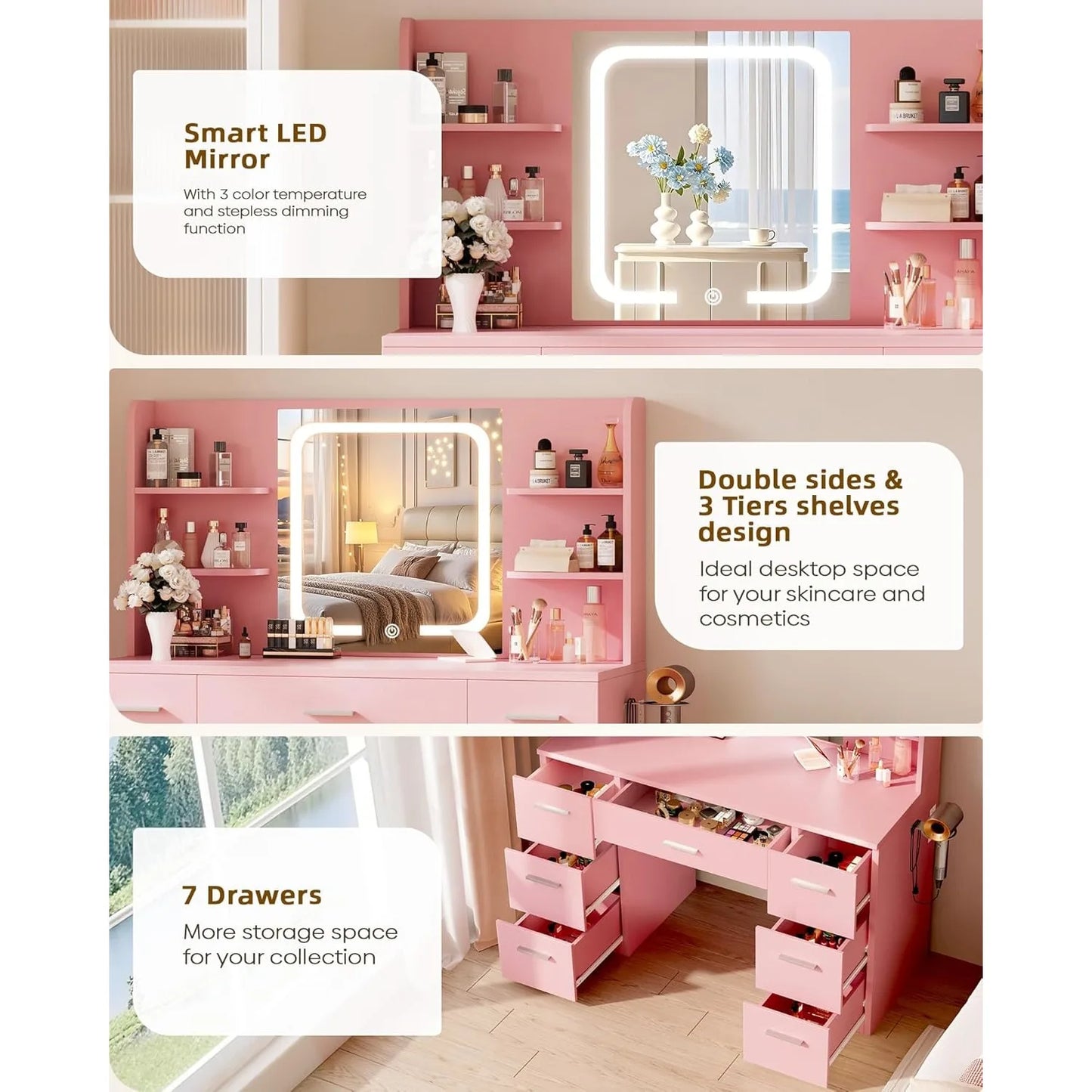 Vanity Desk. Pink, 43.3'Wx15.7'Dx53.2'H (Smart LED Mirror, 4 Open Shelves, 7 Drawers, Hairdryer Rack, Power-Outet)