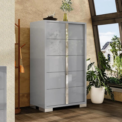 54" Wide High Gloss Dresser with 6 Drawers, Silver Grooved Handle, Contemporary Storage Chest